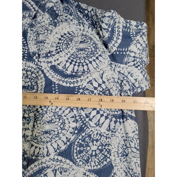 Zac & Rachel Women's LG Blue Patterned Tunic Blouse Roll-Tab Sleeve Boho Artsy - Picture 8 of 9